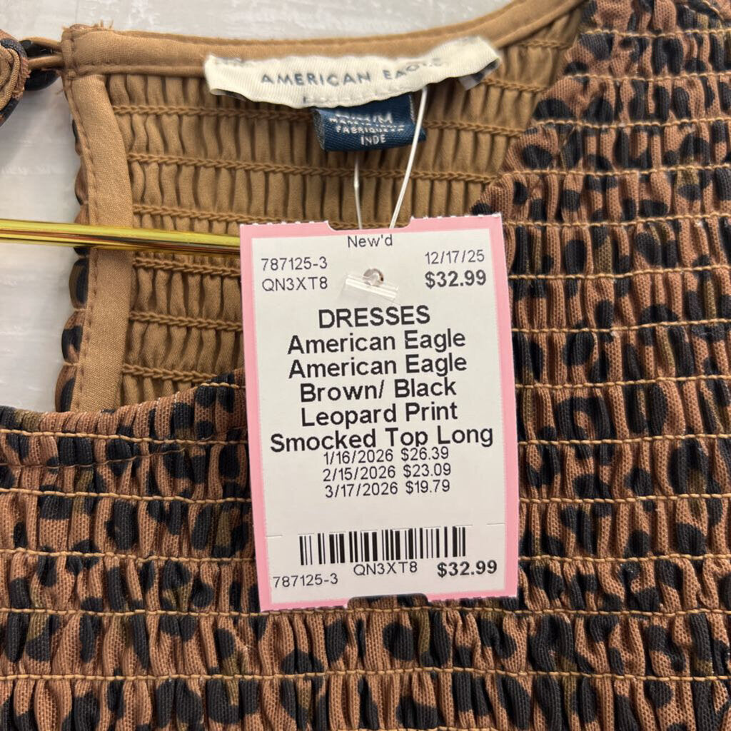 American Eagle Brown/ Black Leopard Print Smocked Top Long Sleeve Dress Medium