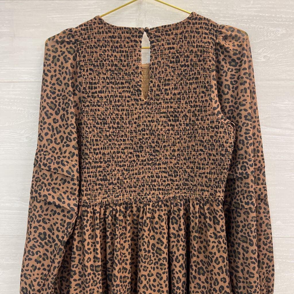 American Eagle Brown/ Black Leopard Print Smocked Top Long Sleeve Dress Medium