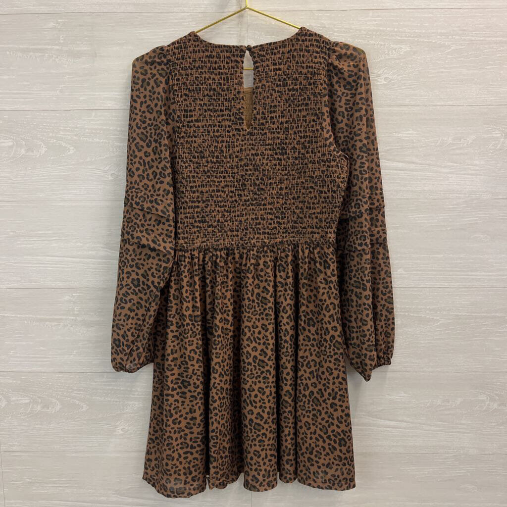 American Eagle Brown/ Black Leopard Print Smocked Top Long Sleeve Dress Medium