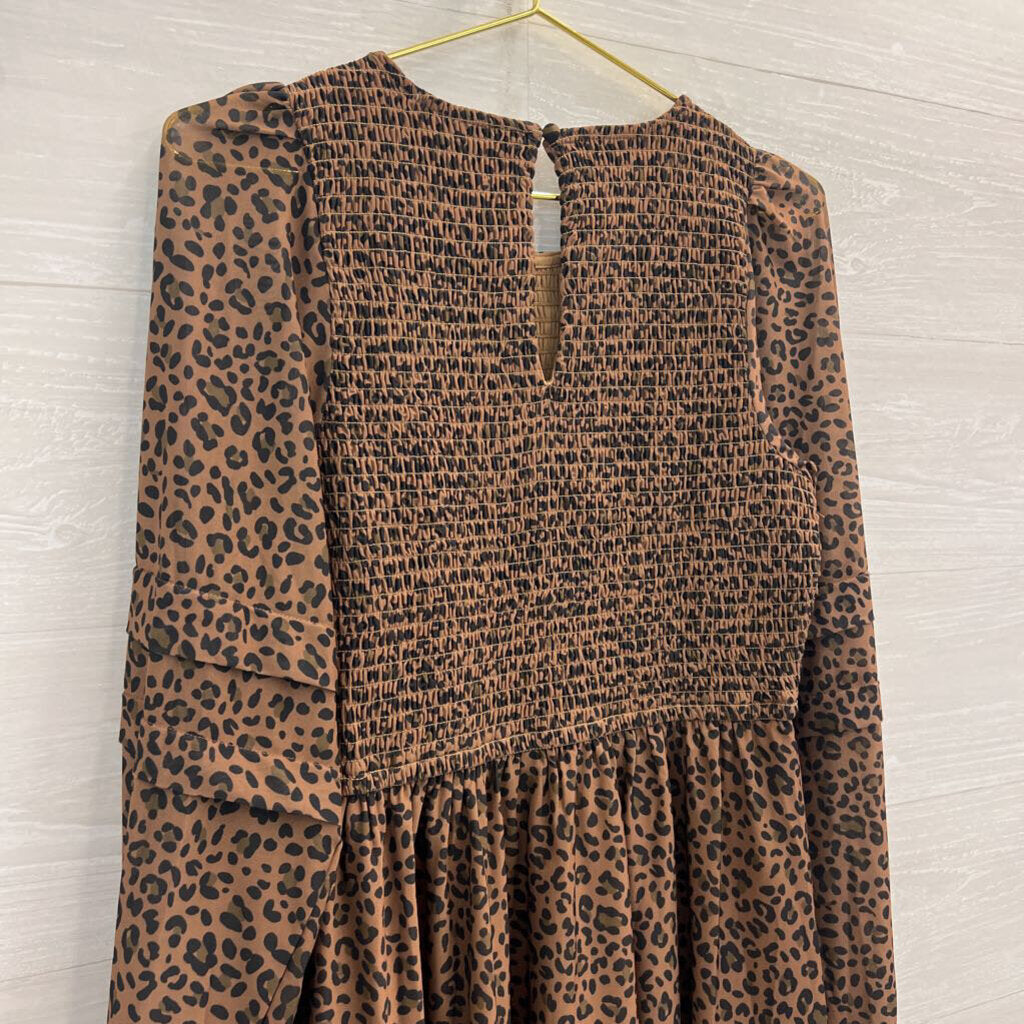 American Eagle Brown/ Black Leopard Print Smocked Top Long Sleeve Dress Medium