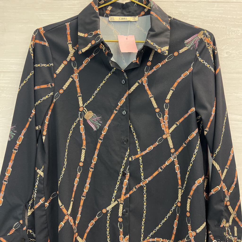 CBRL Black/ Multi Belt Chain Print Long Sleeve Button Down Top Medium