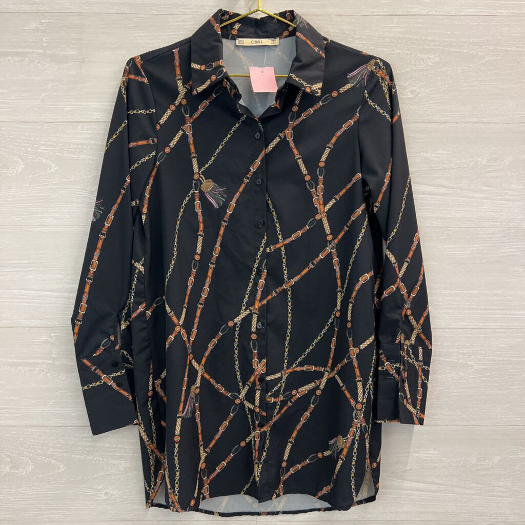CBRL Black/ Multi Belt Chain Print Long Sleeve Button Down Top Medium