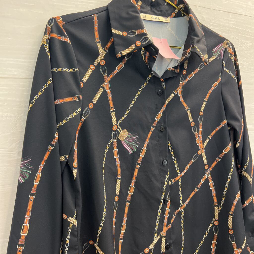 CBRL Black/ Multi Belt Chain Print Long Sleeve Button Down Top Medium