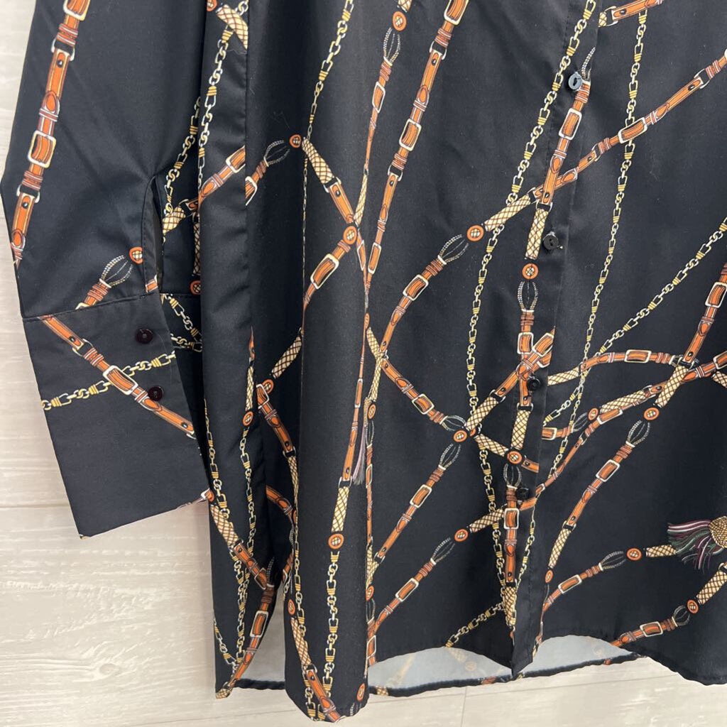 CBRL Black/ Multi Belt Chain Print Long Sleeve Button Down Top Medium