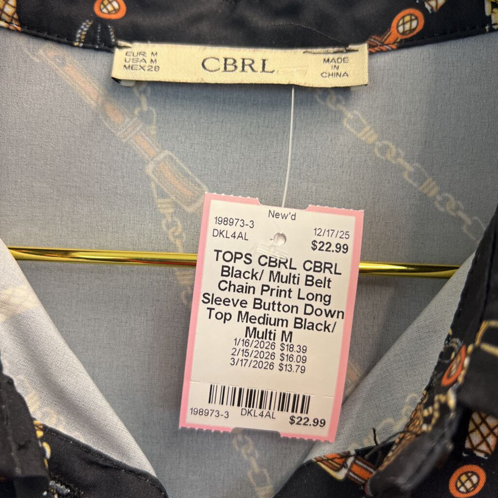 CBRL Black/ Multi Belt Chain Print Long Sleeve Button Down Top Medium