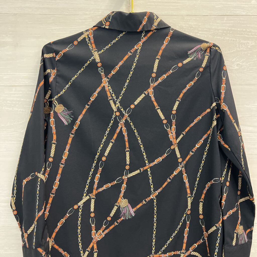 CBRL Black/ Multi Belt Chain Print Long Sleeve Button Down Top Medium