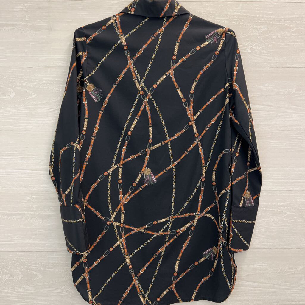 CBRL Black/ Multi Belt Chain Print Long Sleeve Button Down Top Medium