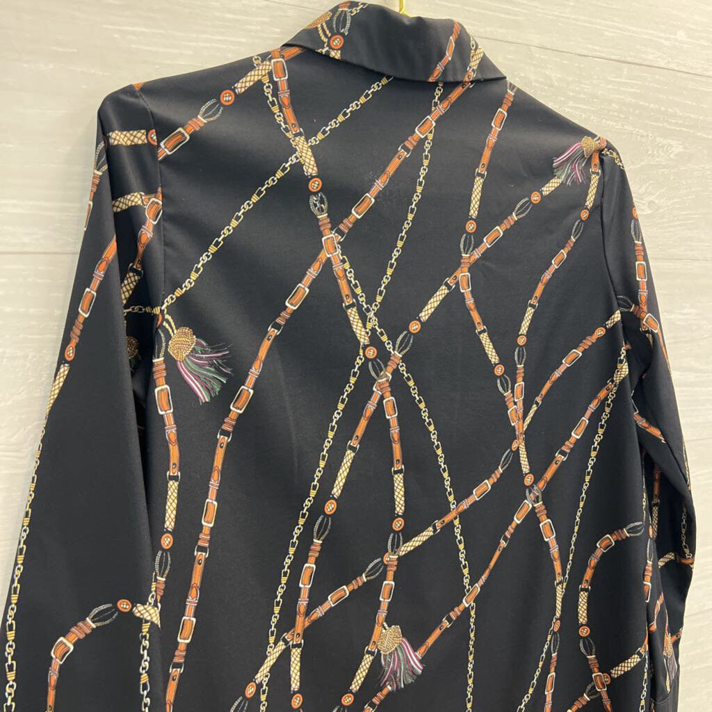 CBRL Black/ Multi Belt Chain Print Long Sleeve Button Down Top Medium
