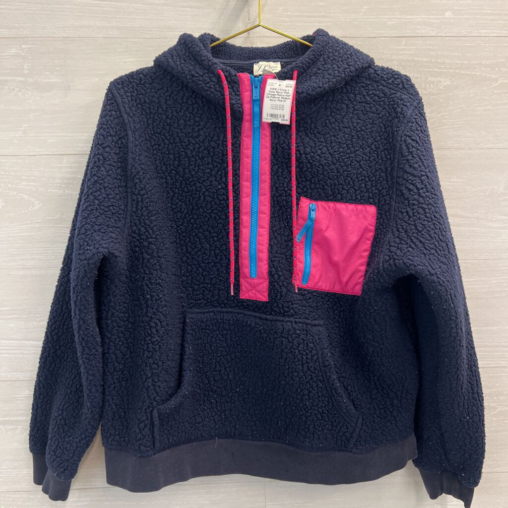 J Crew Navy/ Pink Vintage Fleece Half Zip Pullover Medium