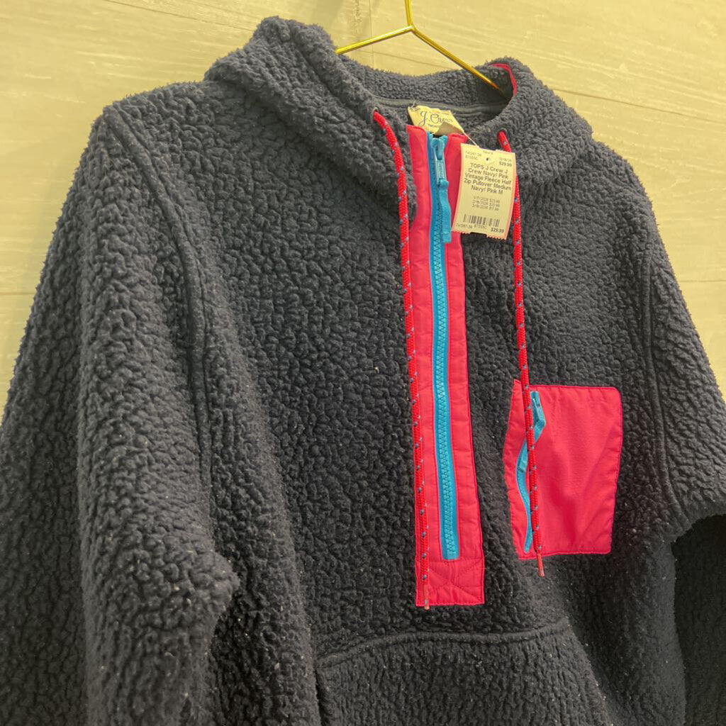 J Crew Navy/ Pink Vintage Fleece Half Zip Pullover Medium