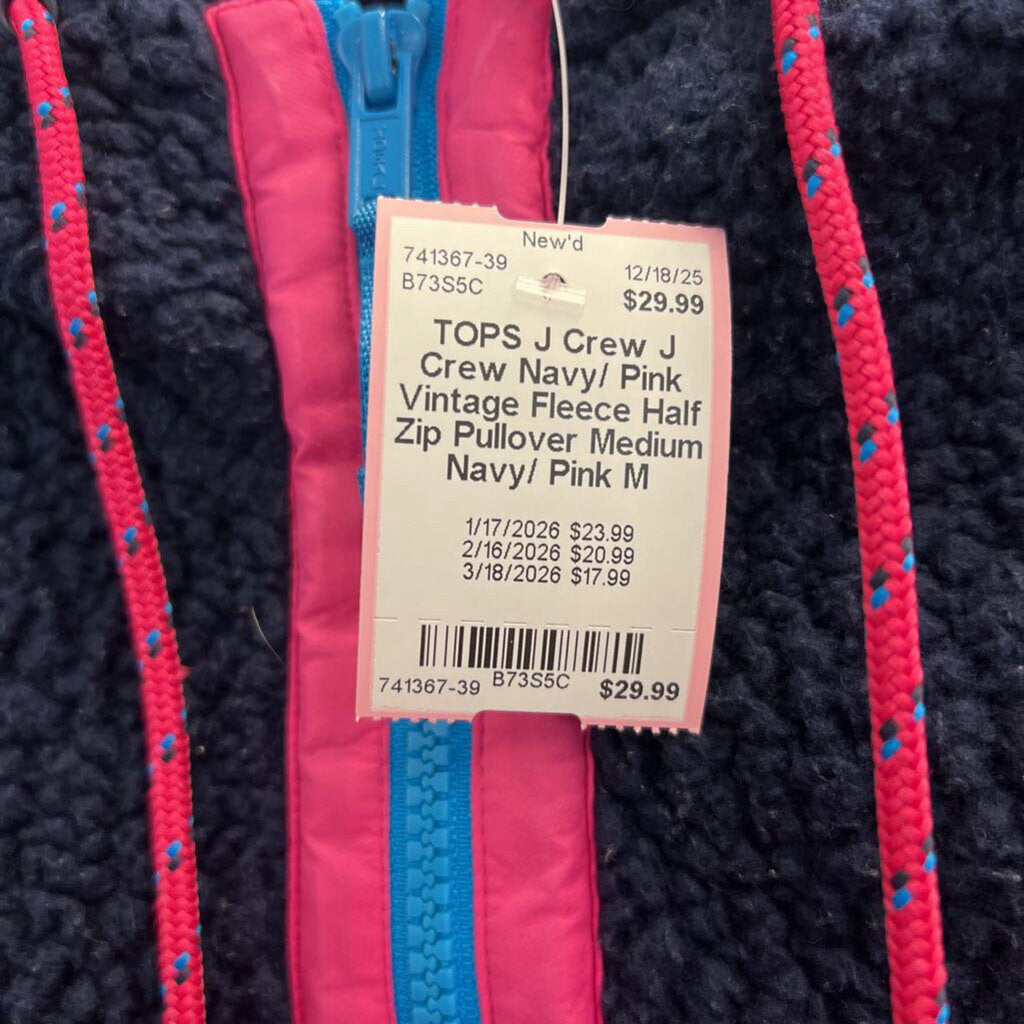 J Crew Navy/ Pink Vintage Fleece Half Zip Pullover Medium