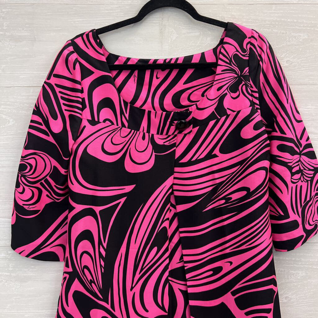 Vintage Milly of New York Pink/ Black Print Retro Long Sleeve Dress 10