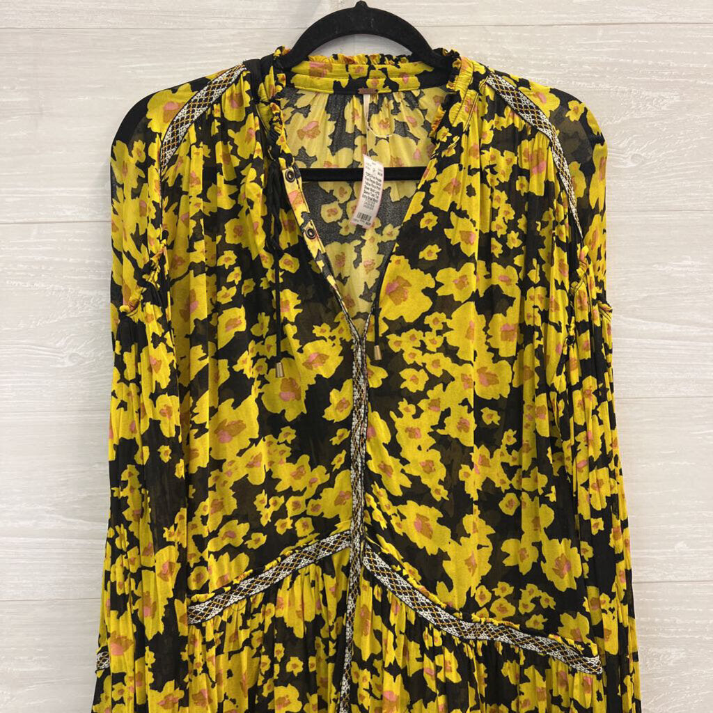 Free People Black/ Yellow Floral Print Sheer Mesh Long Sleeve Tunic Top Extra Small