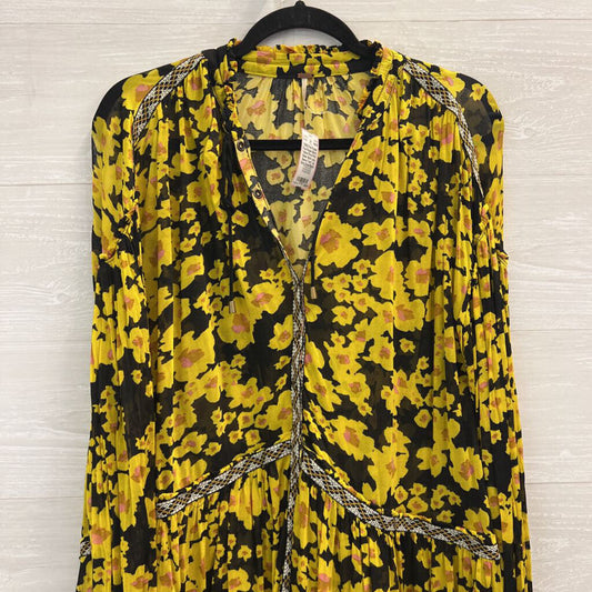 Free People Black/ Yellow Floral Print Sheer Mesh Long Sleeve Tunic Top Extra Small