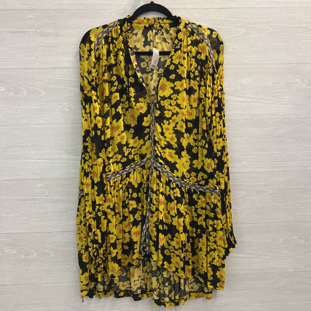 Free People Black/ Yellow Floral Print Sheer Mesh Long Sleeve Tunic Top Extra Small