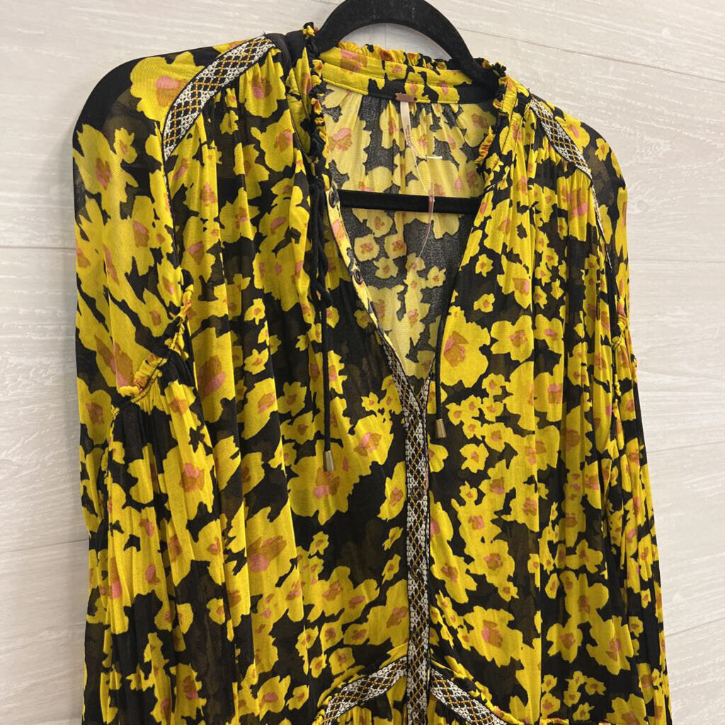 Free People Black/ Yellow Floral Print Sheer Mesh Long Sleeve Tunic Top Extra Small
