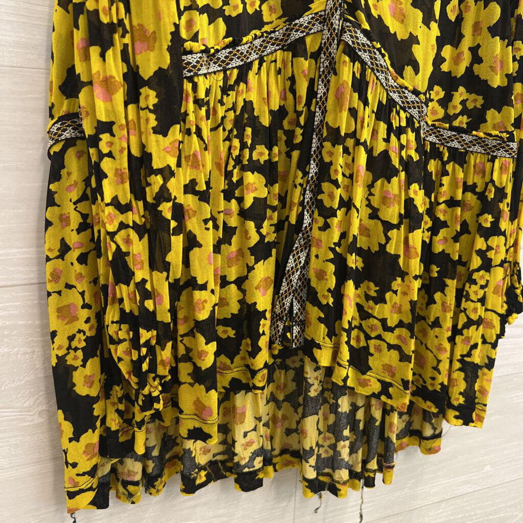 Free People Black/ Yellow Floral Print Sheer Mesh Long Sleeve Tunic Top Extra Small