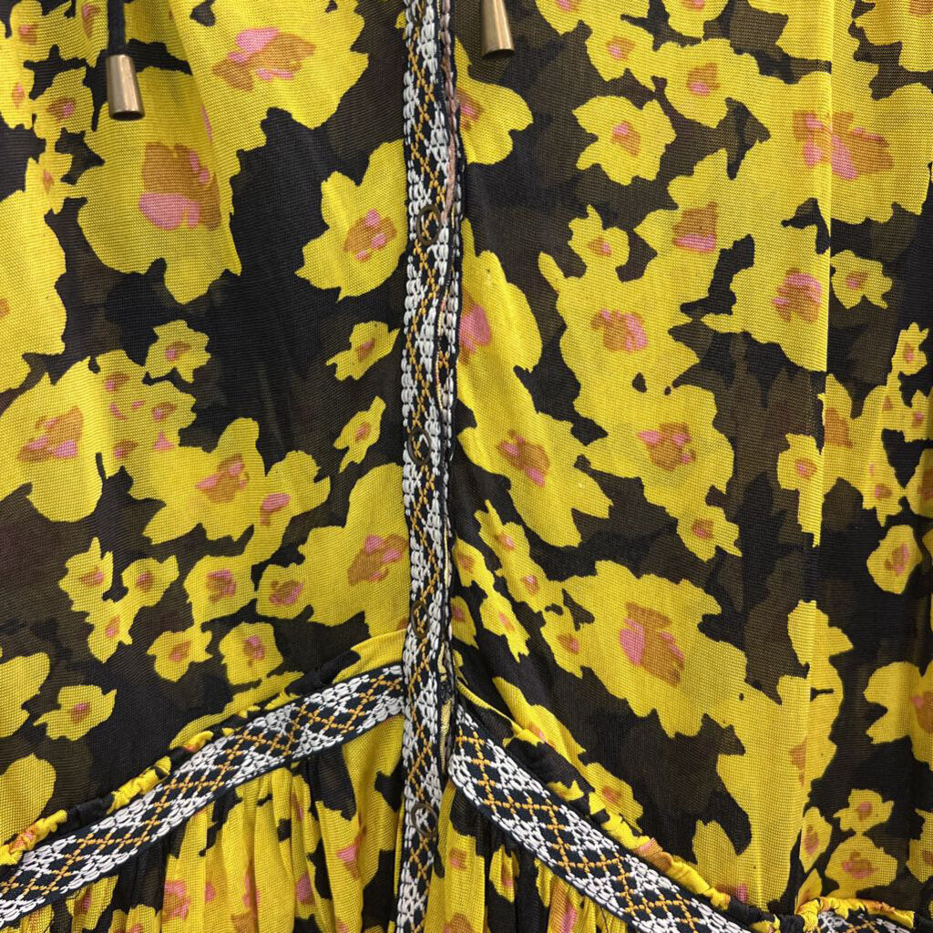 Free People Black/ Yellow Floral Print Sheer Mesh Long Sleeve Tunic Top Extra Small
