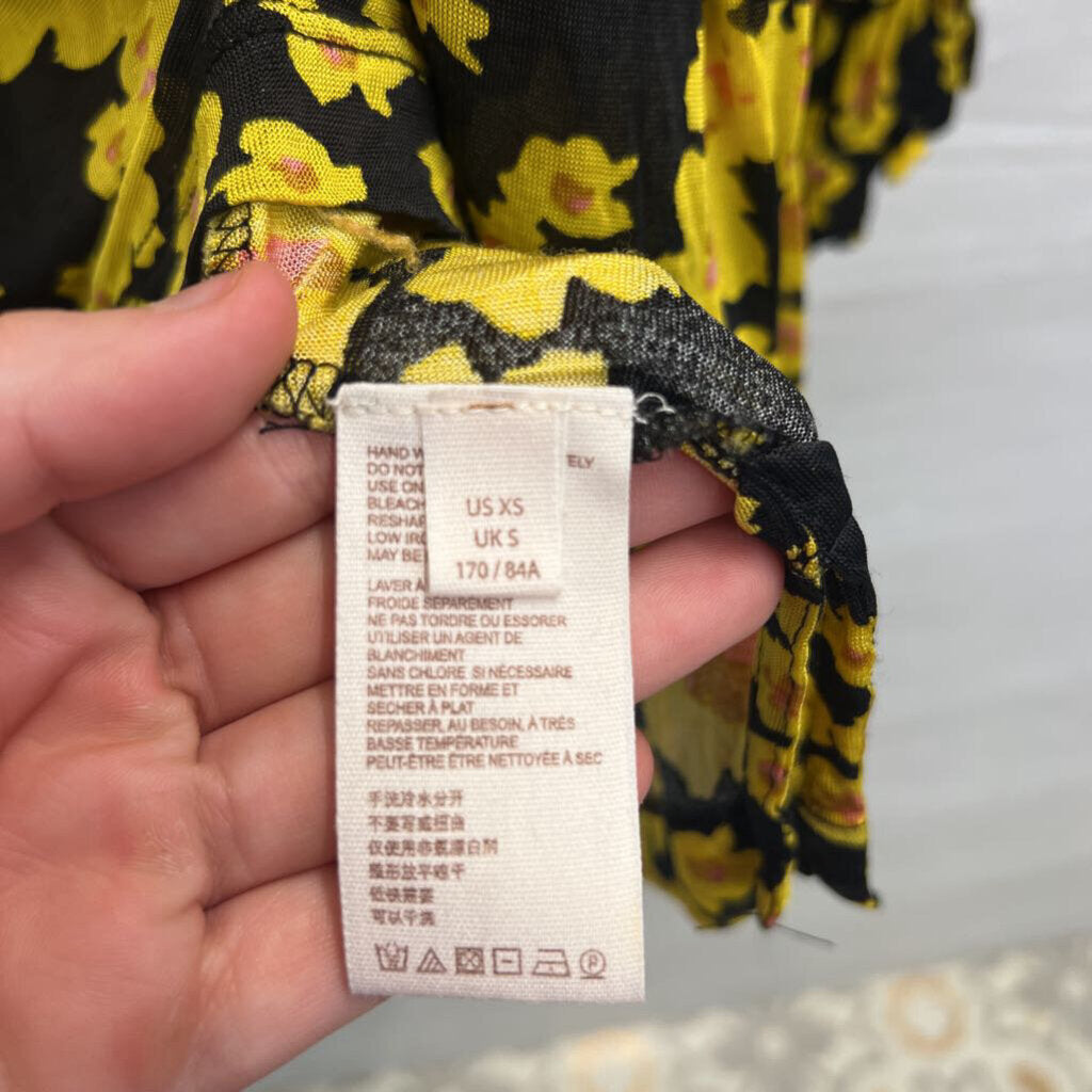 Free People Black/ Yellow Floral Print Sheer Mesh Long Sleeve Tunic Top Extra Small