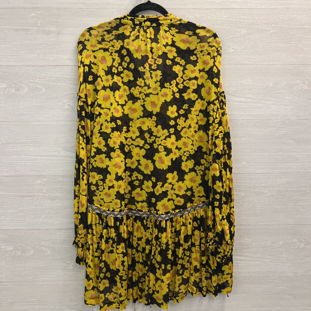 Free People Black/ Yellow Floral Print Sheer Mesh Long Sleeve Tunic Top Extra Small