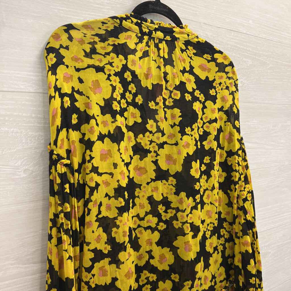 Free People Black/ Yellow Floral Print Sheer Mesh Long Sleeve Tunic Top Extra Small