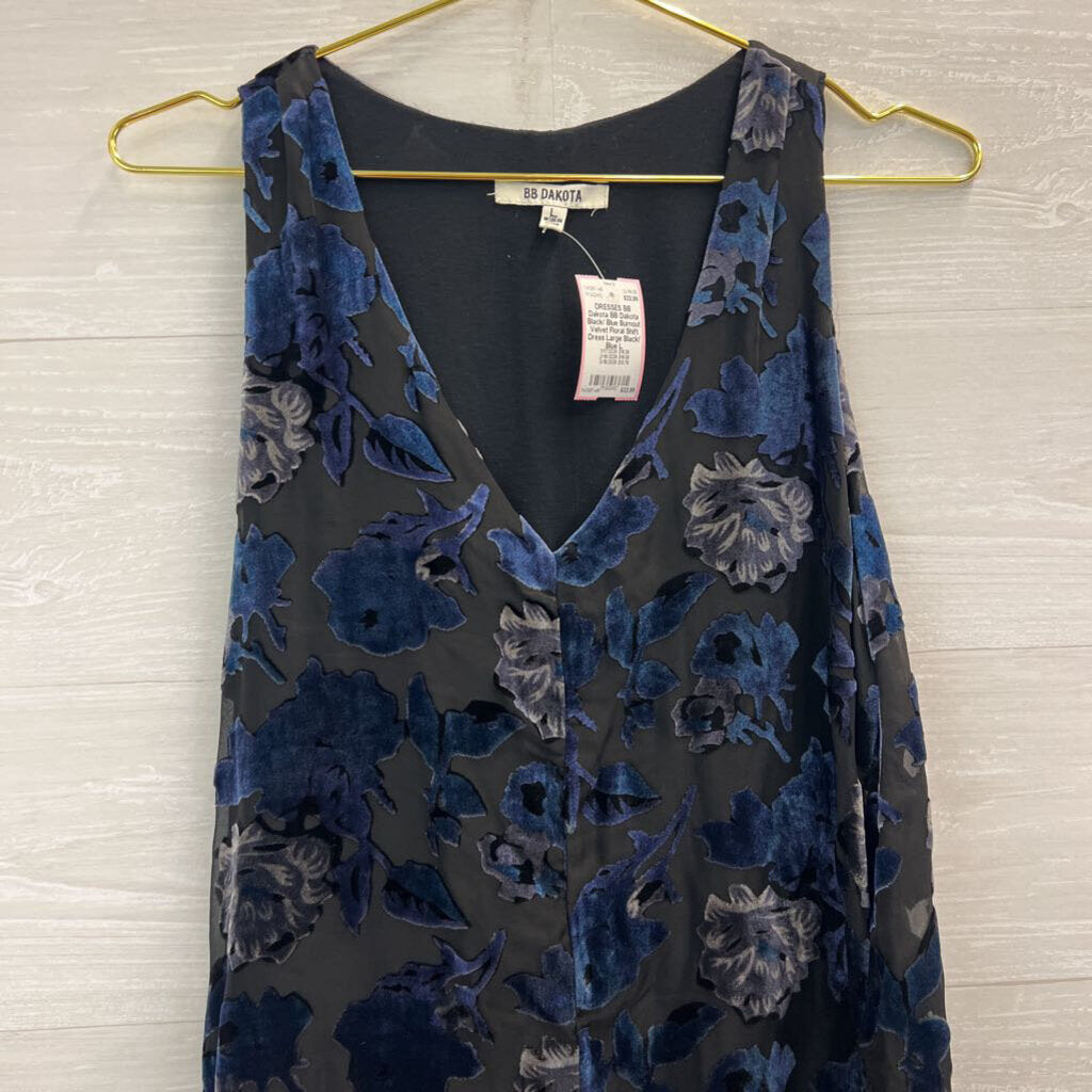 BB Dakota Black/ Blue Burnout Velvet Floral Shift Dress Large