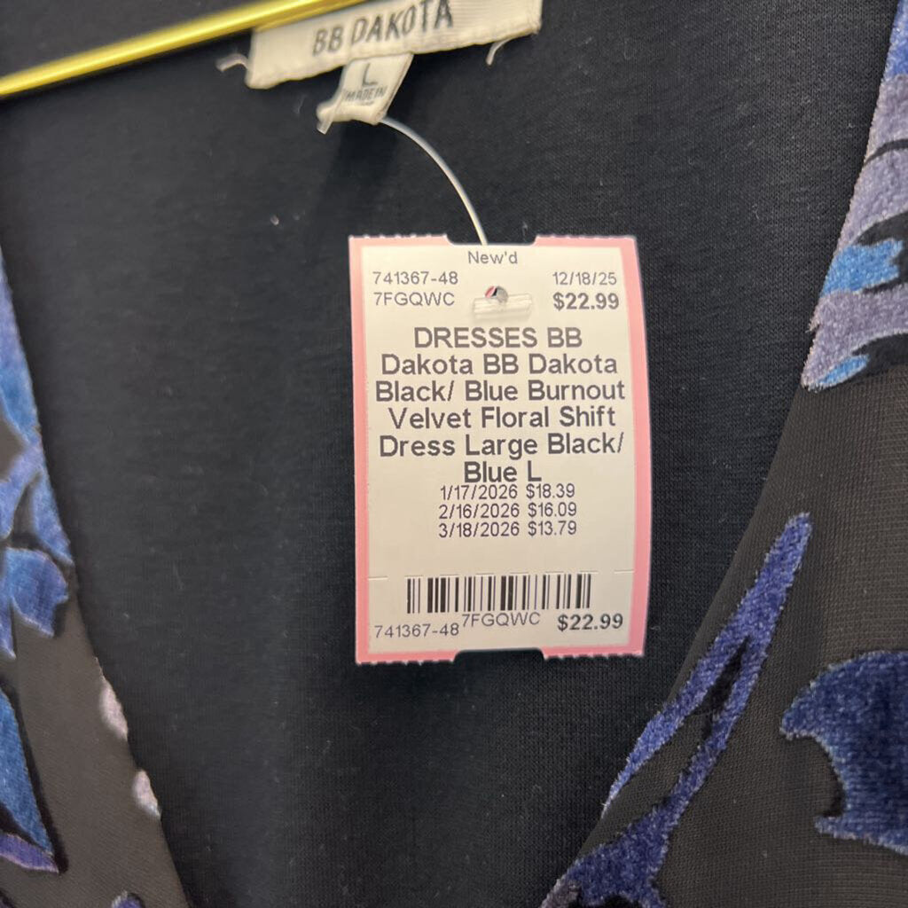 BB Dakota Black/ Blue Burnout Velvet Floral Shift Dress Large
