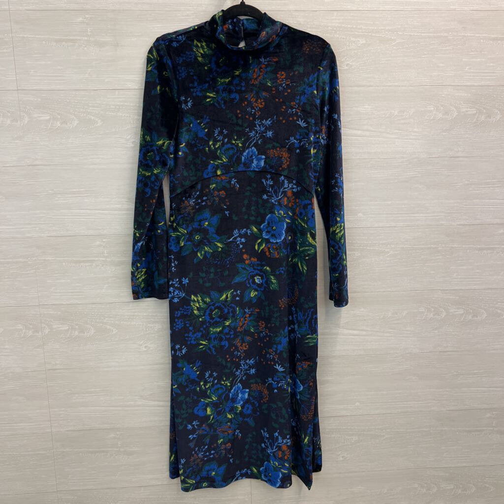 Maeve Navy/ Multi Velvet Floral Constance Midi Long Sleeve Dress Small