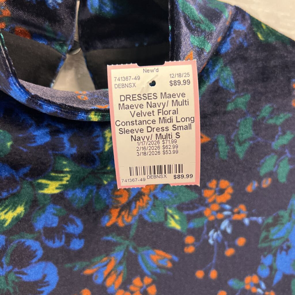 Maeve Navy/ Multi Velvet Floral Constance Midi Long Sleeve Dress Small