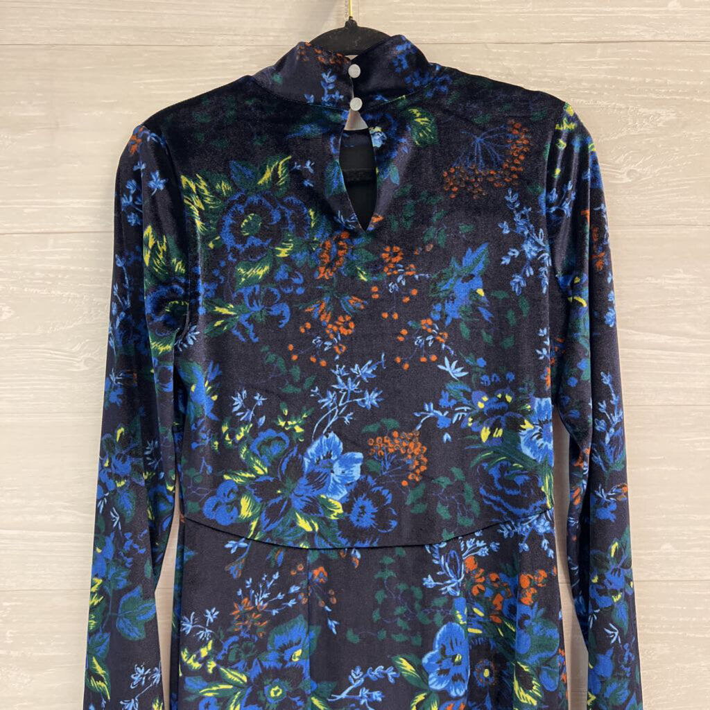 Maeve Navy/ Multi Velvet Floral Constance Midi Long Sleeve Dress Small