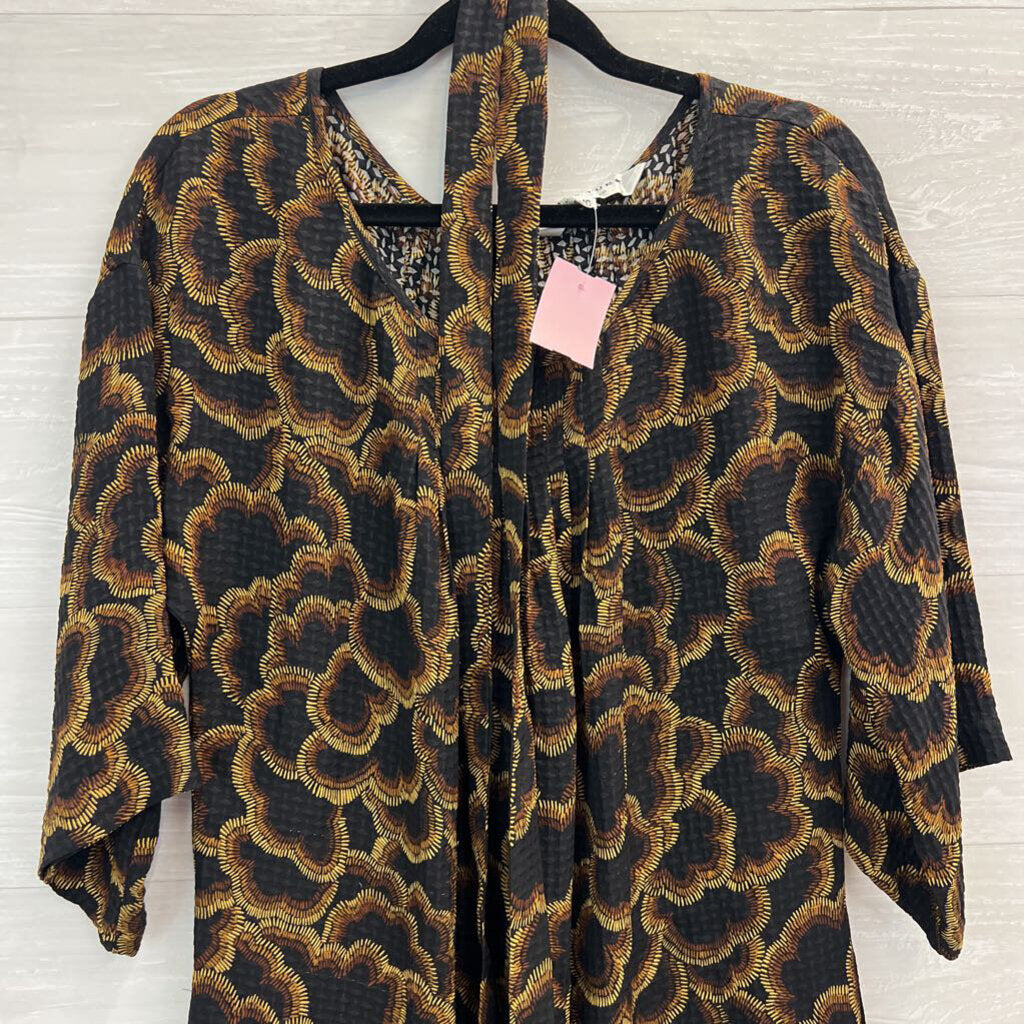 Trina Turk Black/ Brown Print Long Sleeve Tie Waist Dress 10