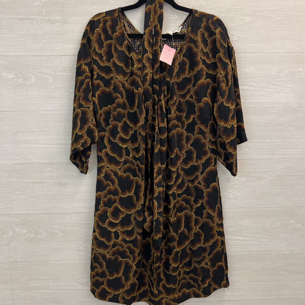Trina Turk Black/ Brown Print Long Sleeve Tie Waist Dress 10