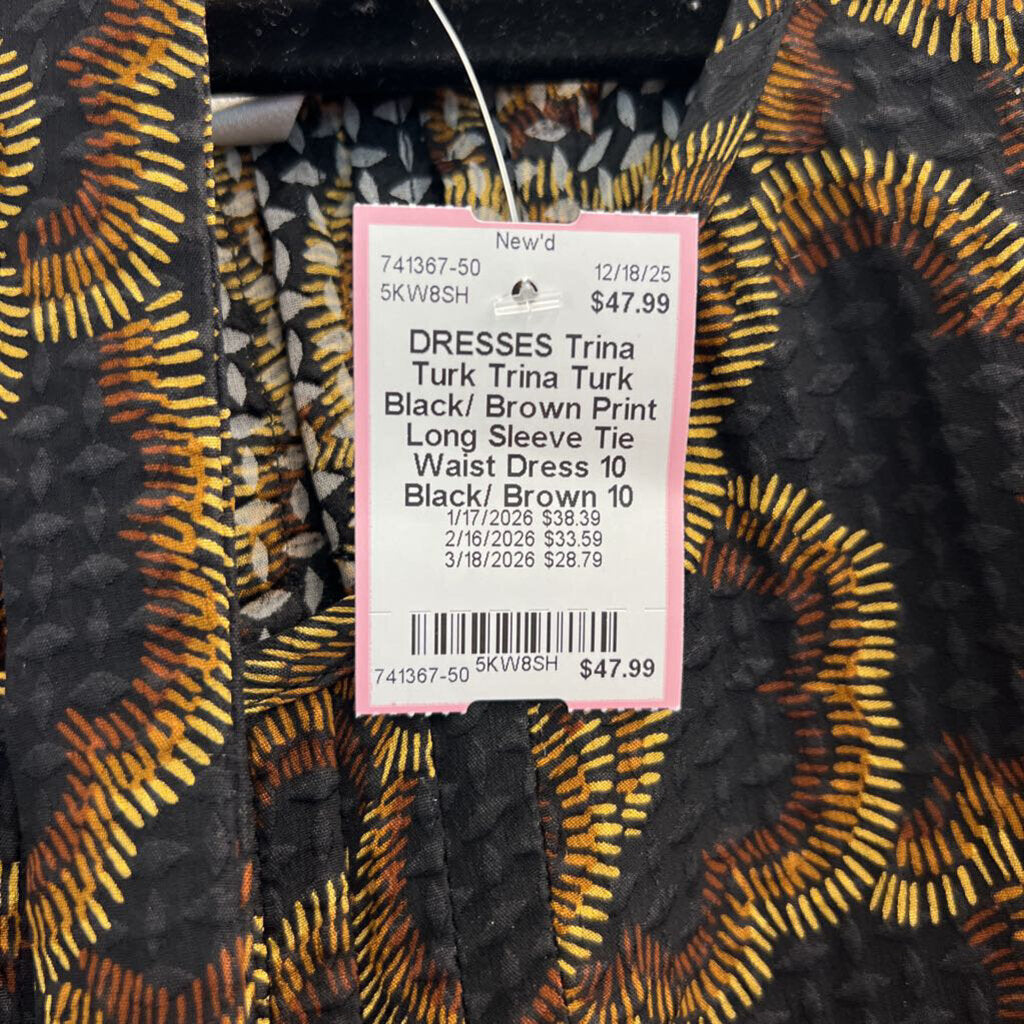 Trina Turk Black/ Brown Print Long Sleeve Tie Waist Dress 10