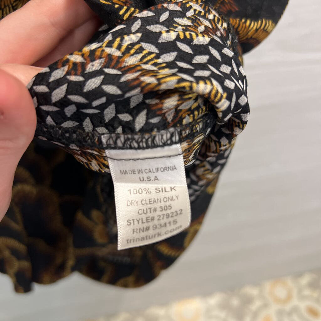 Trina Turk Black/ Brown Print Long Sleeve Tie Waist Dress 10