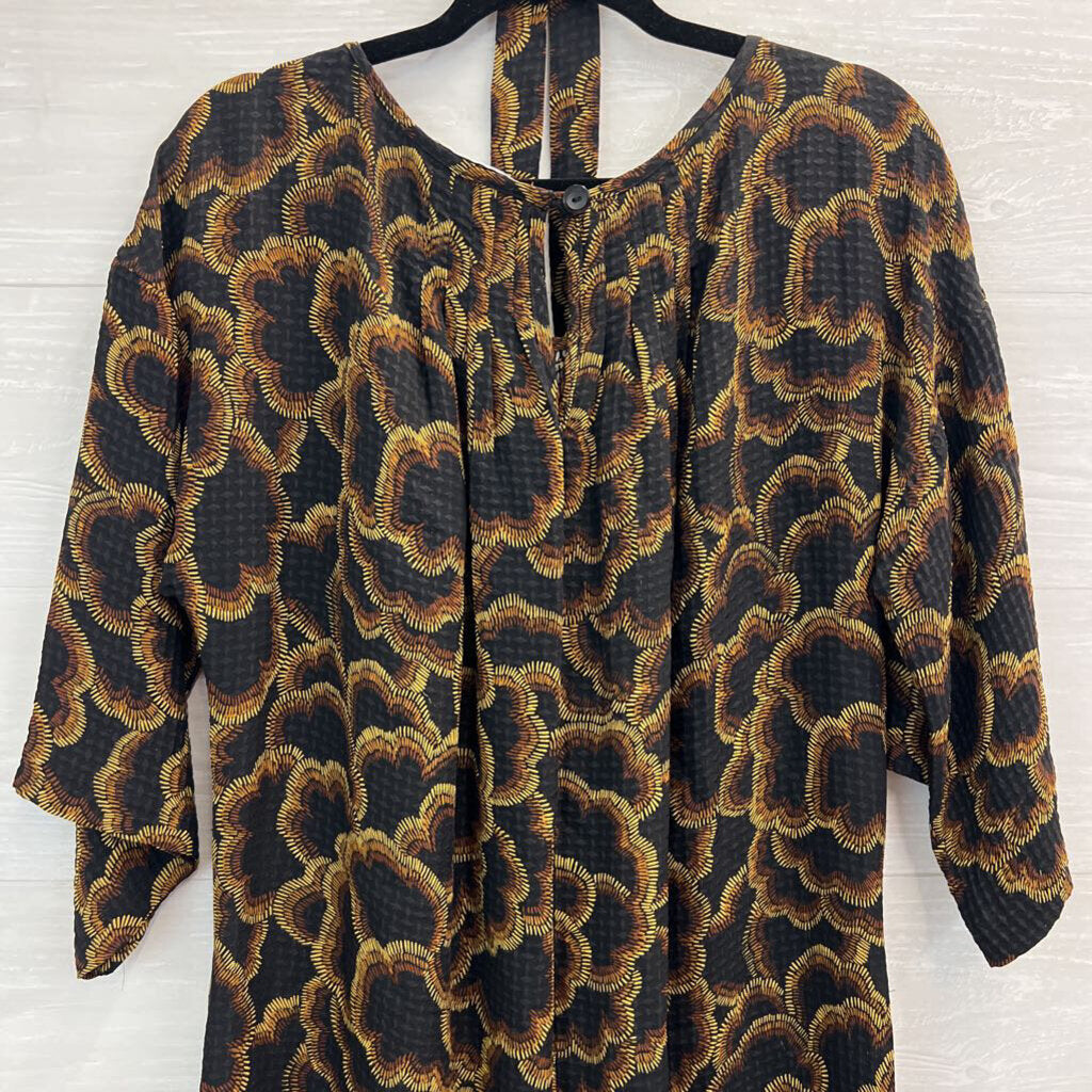 Trina Turk Black/ Brown Print Long Sleeve Tie Waist Dress 10