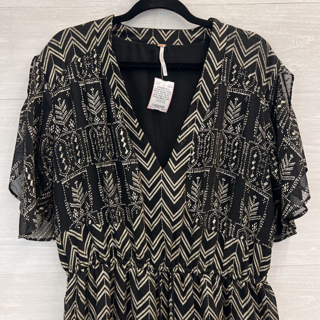 Free People Black/ Metallic Gold Love Your Chaos Short Sleeve Dress Medium