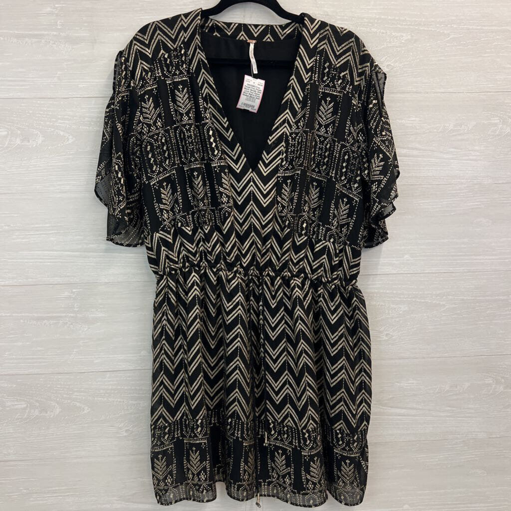 Free People Black/ Metallic Gold Love Your Chaos Short Sleeve Dress Medium