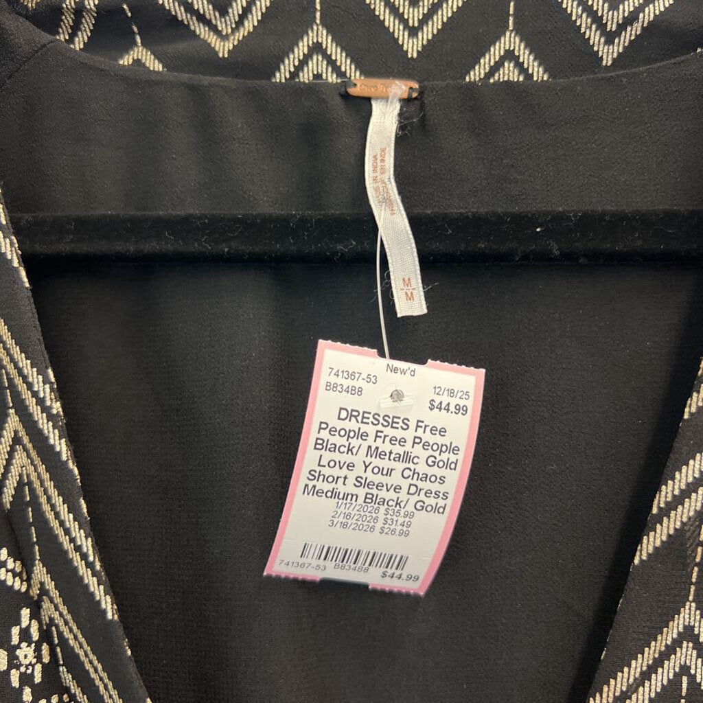 Free People Black/ Metallic Gold Love Your Chaos Short Sleeve Dress Medium