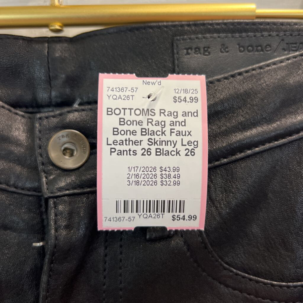 Rag and Bone Black Faux Leather Skinny Leg Pants 26