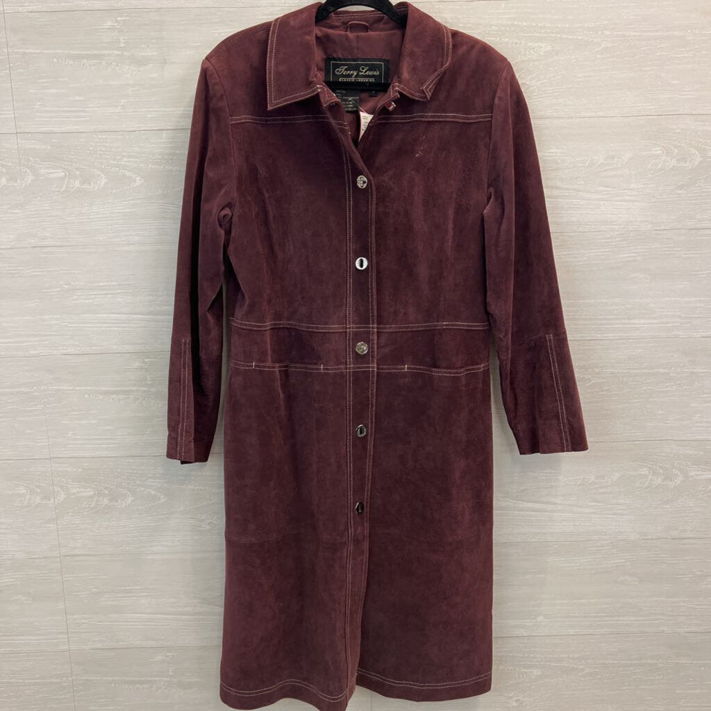 Terry Lewis Burgundy 100% Suede Leather Long Jacket Medium