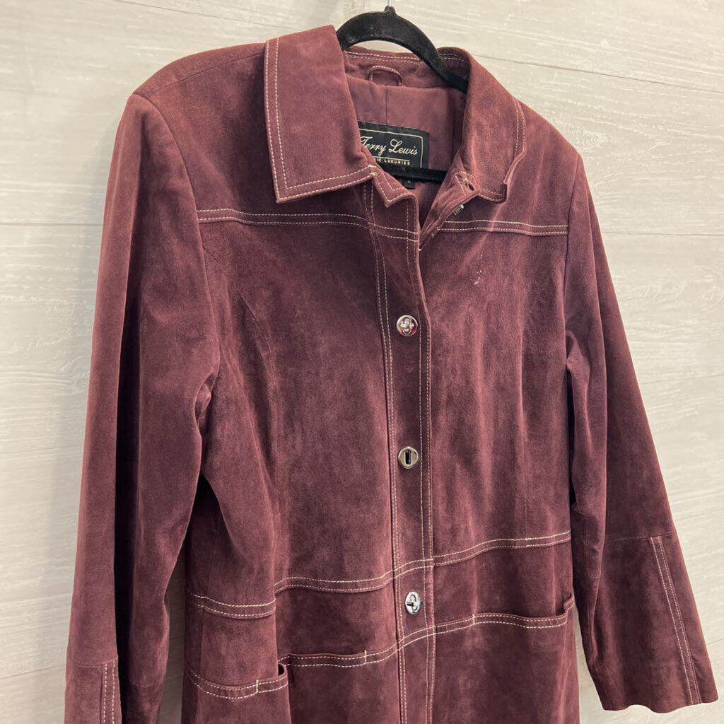 Terry Lewis Burgundy 100% Suede Leather Long Jacket Medium