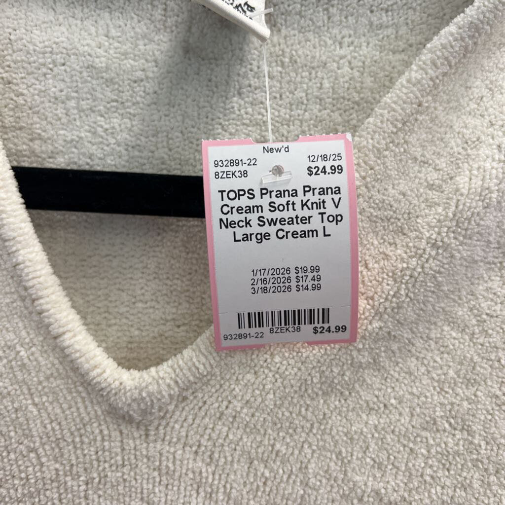 Prana Cream Soft Knit V Neck Sweater Top Large