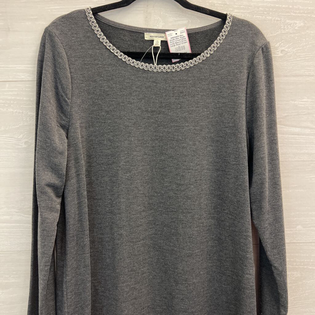 Max Studio Grey/ Cream Edge Long Sleeve Dress Large