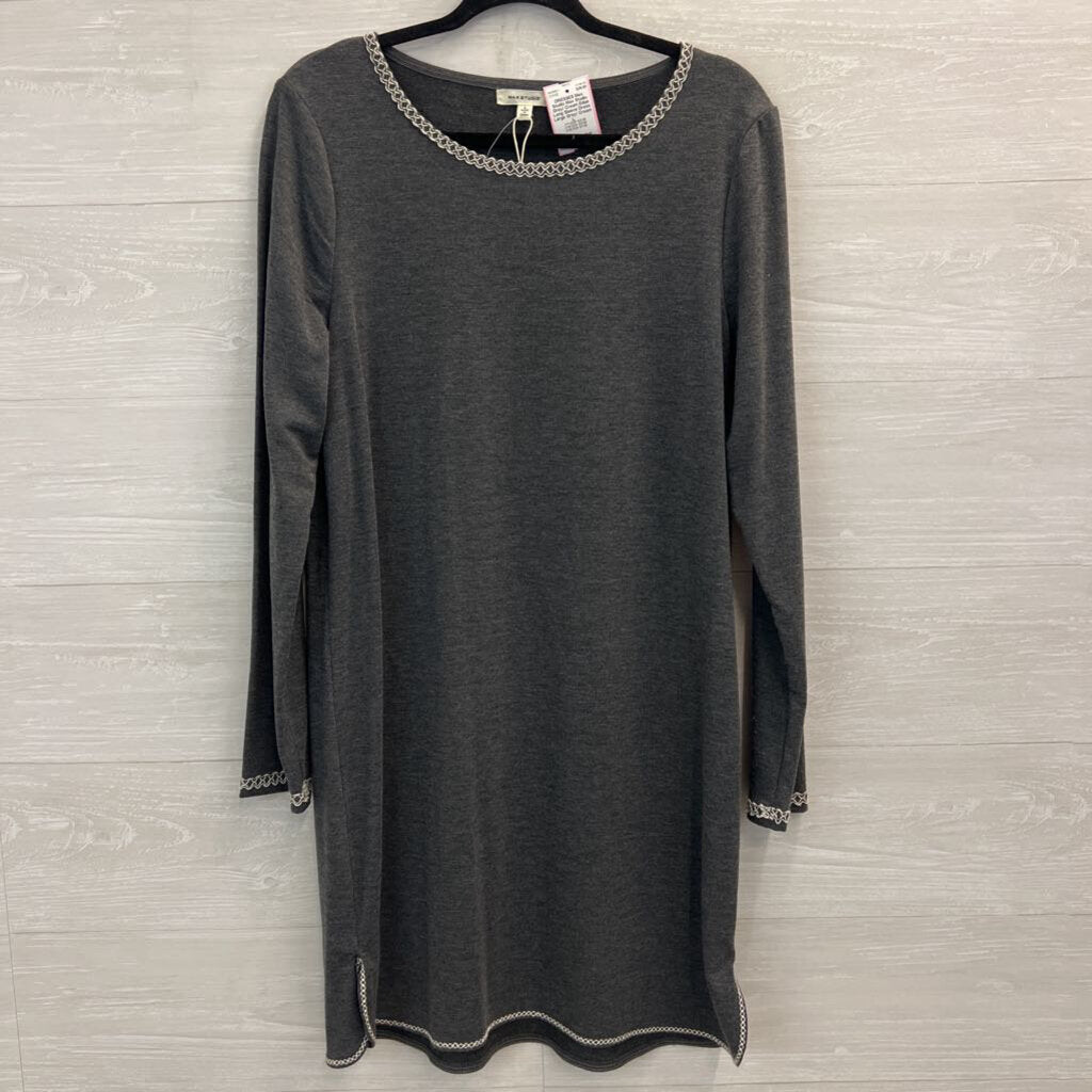 Max Studio Grey/ Cream Edge Long Sleeve Dress Large