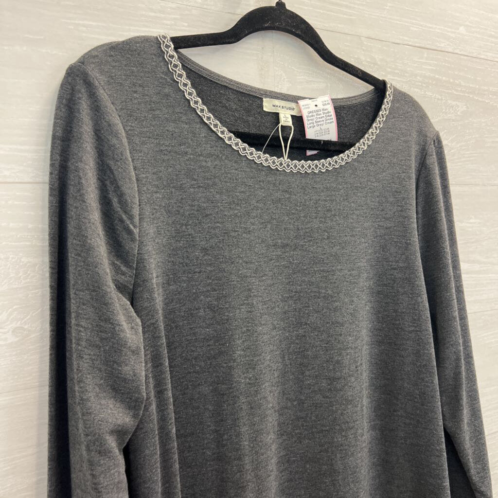 Max Studio Grey/ Cream Edge Long Sleeve Dress Large