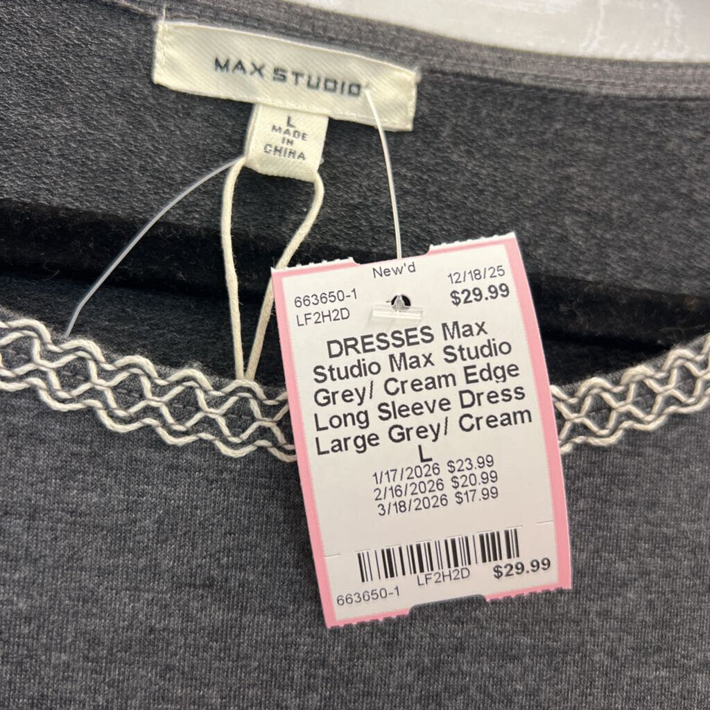 Max Studio Grey/ Cream Edge Long Sleeve Dress Large