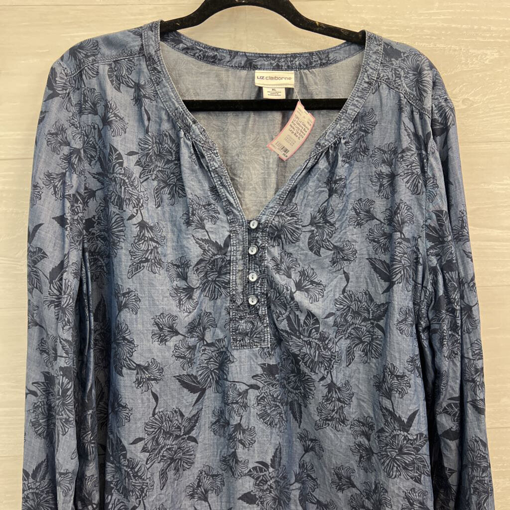 Liz Claiborne Blue Print Long Sleeve Henley Top Extra Large
