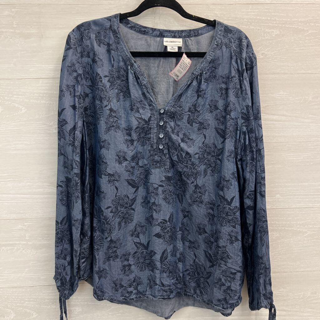 Liz Claiborne Blue Print Long Sleeve Henley Top Extra Large