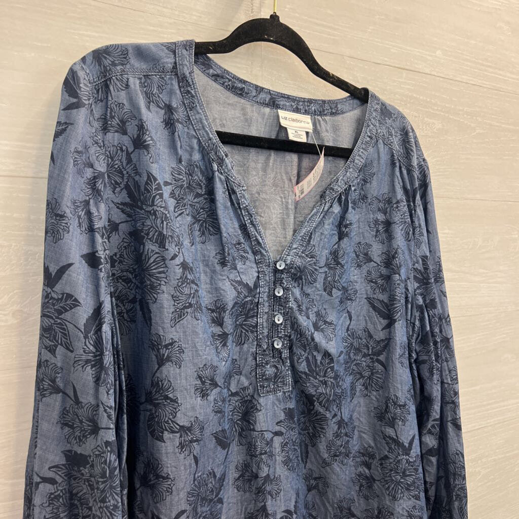 Liz Claiborne Blue Print Long Sleeve Henley Top Extra Large