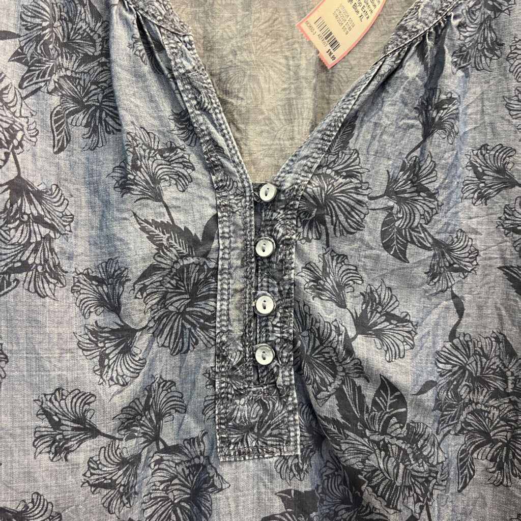 Liz Claiborne Blue Print Long Sleeve Henley Top Extra Large